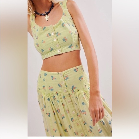 NWT Free People Iris Corset Set M Top Skirt Floral Smocked Lime Combo - Picture 3 of 15